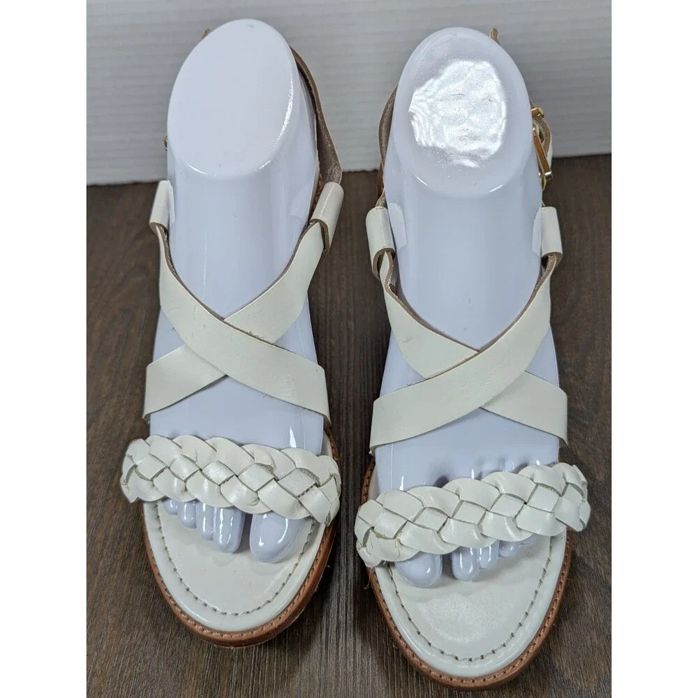 Antonio Melani Strappy Braided Raffia Wedges Sandals Women's 6 White Leather